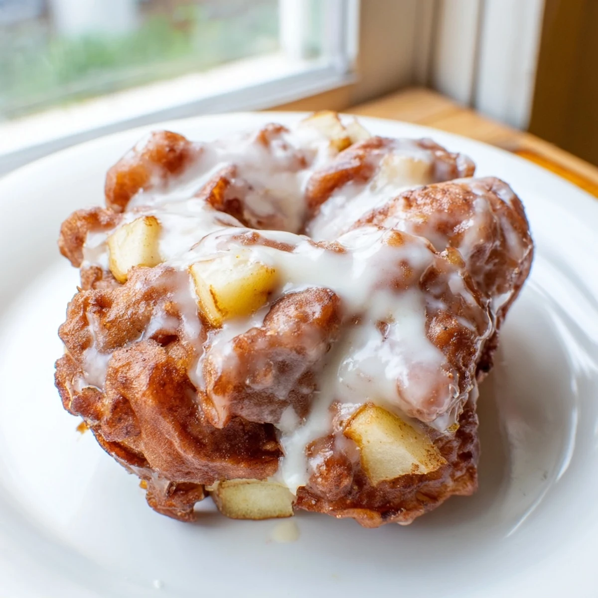 Warm, golden-brown homemade apple fritters, fried to crispy perfection and drizzled with sweet glaze.