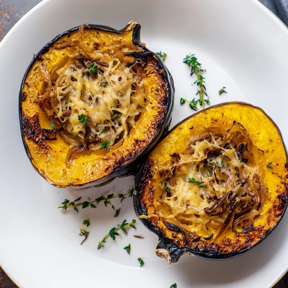 Golden caramelized onion Gruyere acorn squash, a comforting vegetarian main dish with melty cheese.