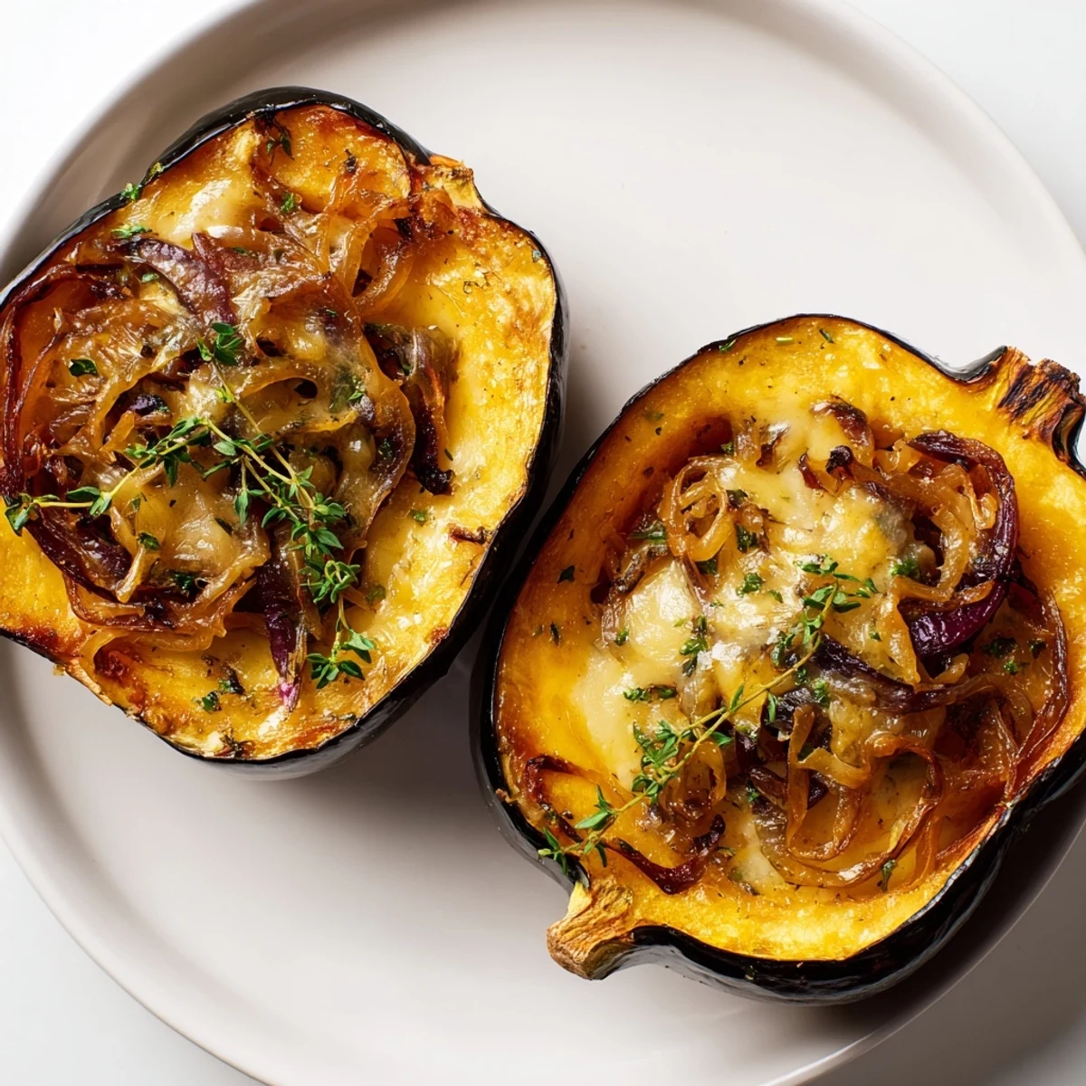 Roasted acorn squash stuffed with caramelized onions and Gruyere—a delicious flavor-packed vegetarian recipe.