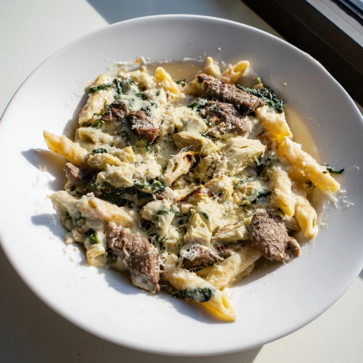 This photo features a mouthwatering Steak & Spinach Artichoke Pasta Bake, bubbling with melted mozzarella and fresh spinach.
