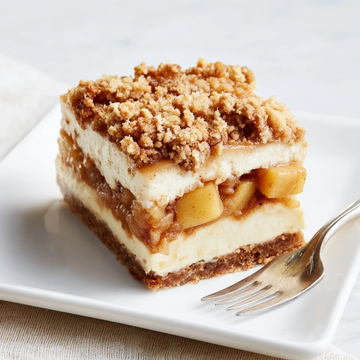 Golden-brown Apple Crisp Cheesecake Bars, boasting creamy, apple, and crisp textures; a perfect dessert.
