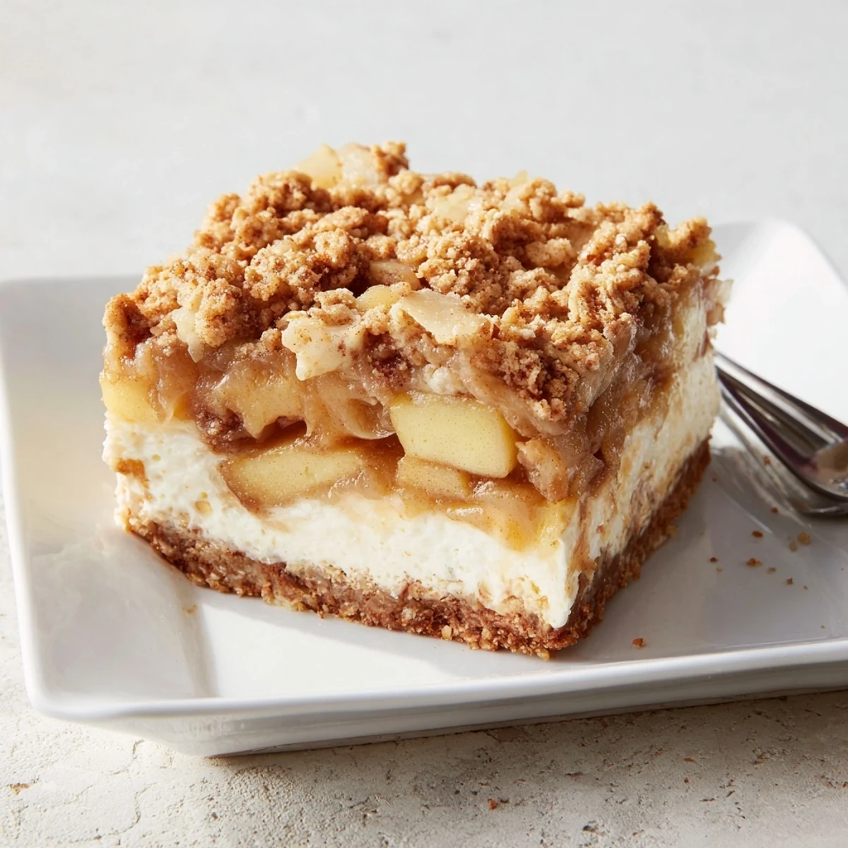 Warm spices and juicy apples layered with creamy cheesecake in these delicious Apple Crisp Cheesecake Bars.