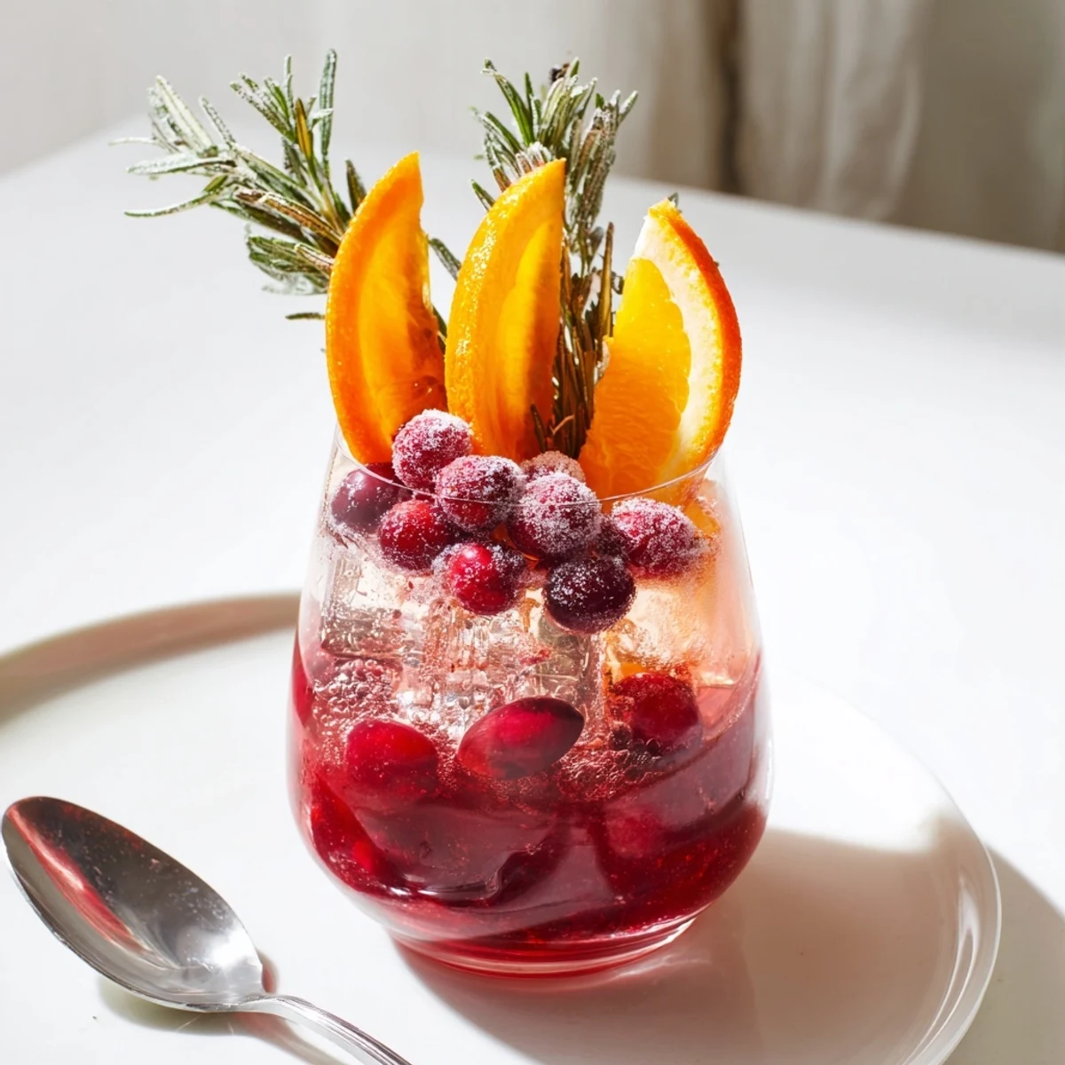 Snow Globe Mocktail with cranberries, orange slices, and sparkling bubbles; a festive holiday drink.