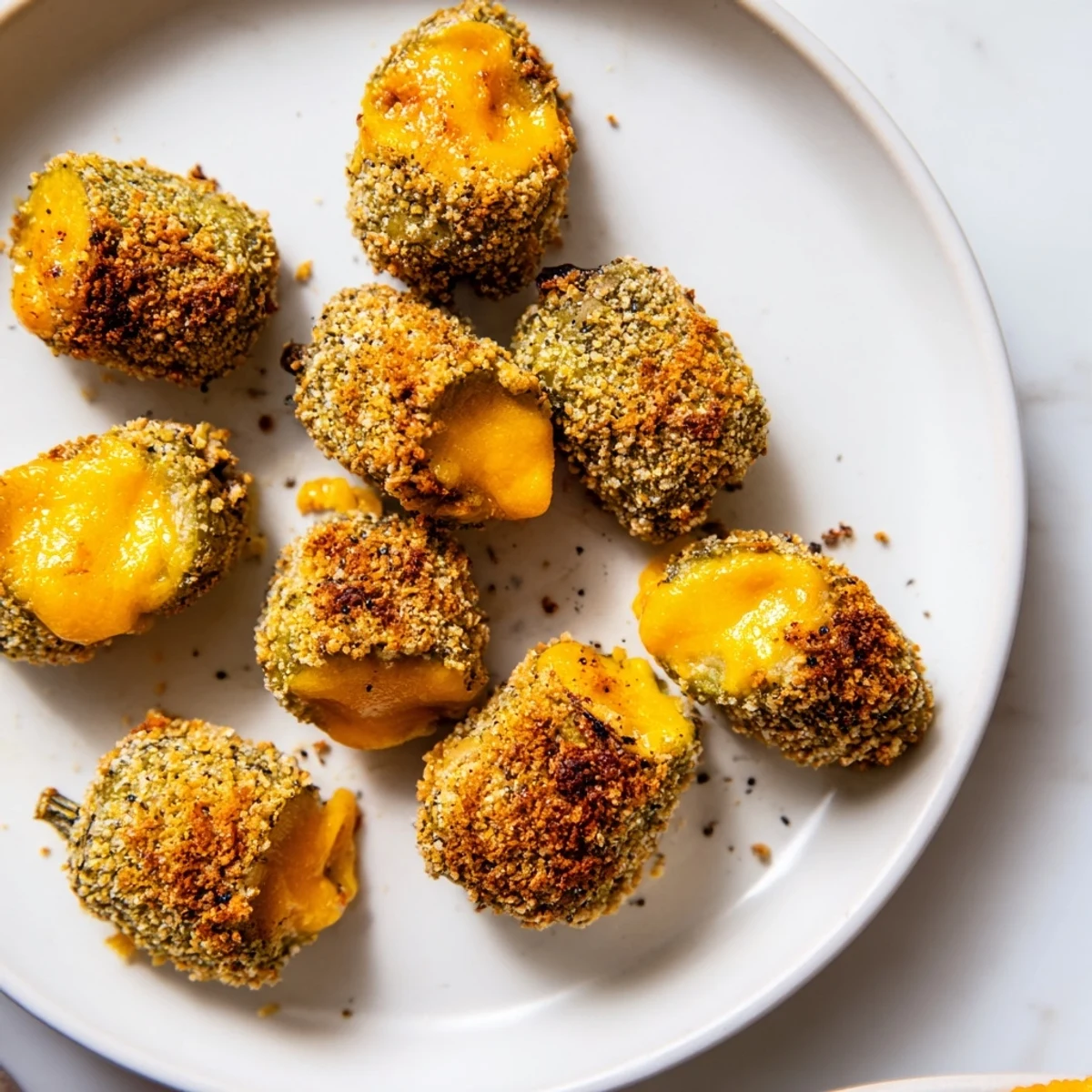 Close-up of freshly fried crispy cheese-wrapped pickle ornaments, showcasing their tempting, melted cheese.