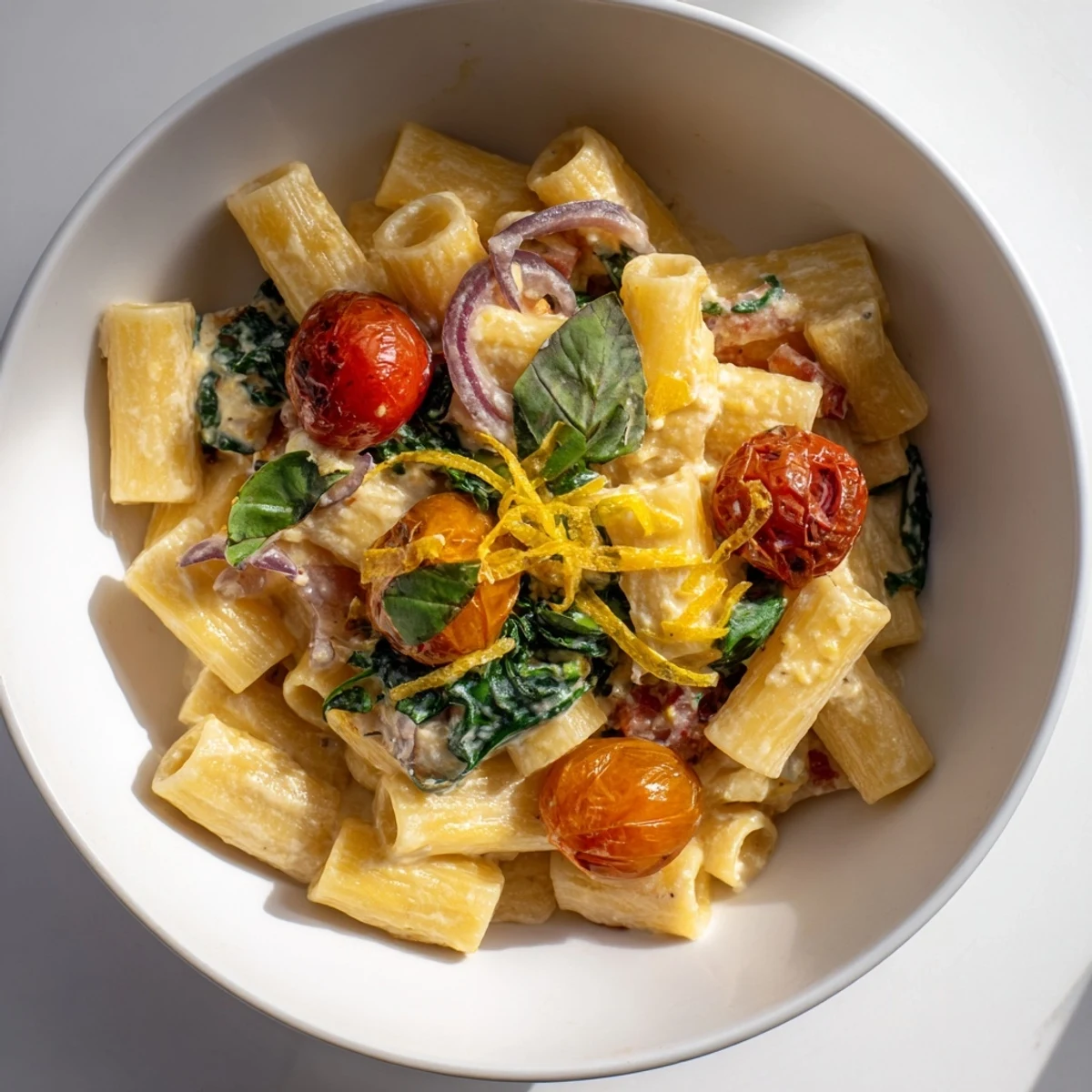 Golden baked feta cheese melts into the one-pan baked feta Christmas pasta with burst cherry tomatoes.