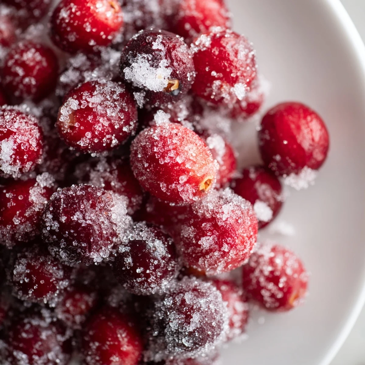 Tempting close-up of sugared 5-Minute Express Candied Cranberries, ready to be enjoyed as a festive snack.