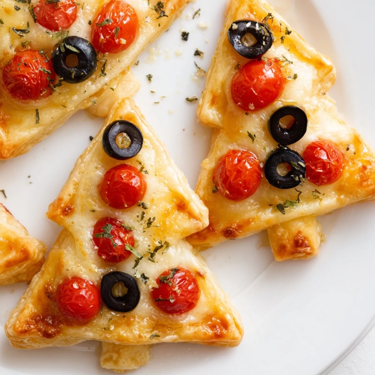 Golden-brown Puff Pastry Christmas Tree Pizza Bites, ready to eat, with melted cheese and tomatoes.