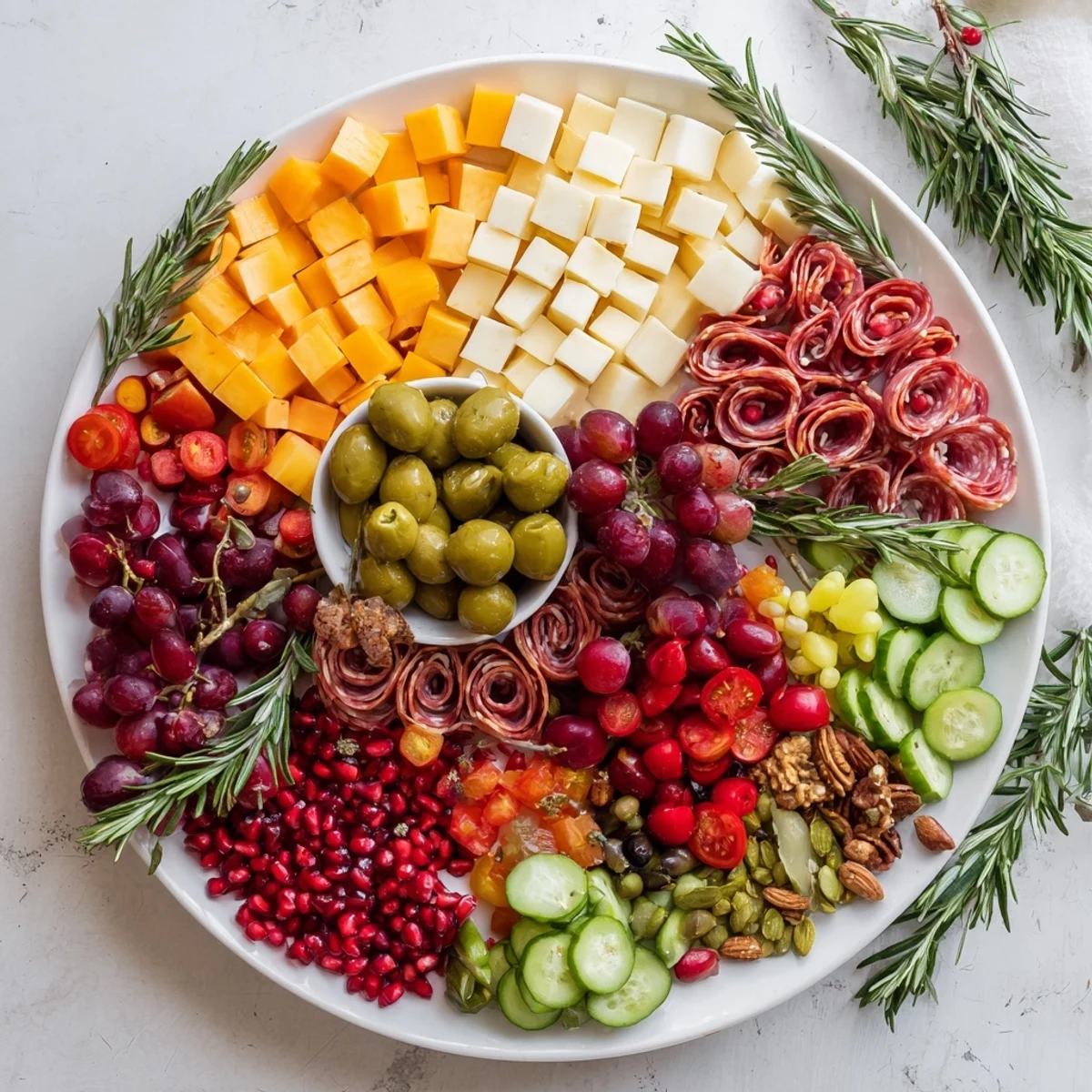Quick Christmas Charcuterie Wreath Board overflowing with cheeses, meats, and vibrant fruits, a holiday appetizer.