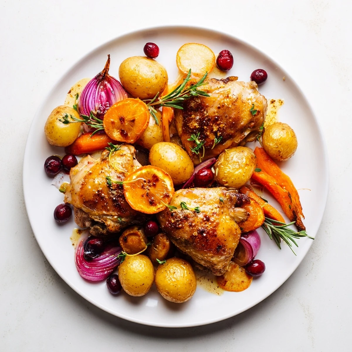 Golden-brown One-Pan Olive Oil Roast Chicken, tender vegetables, and vibrant red cranberries on a baking sheet.
