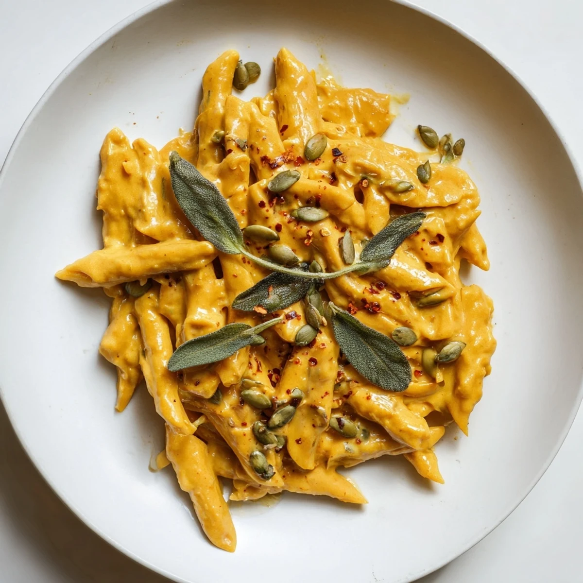 A comforting bowl of Vegan Creamy Pumpkin Pasta, showcasing a rich, thick pumpkin sauce.
