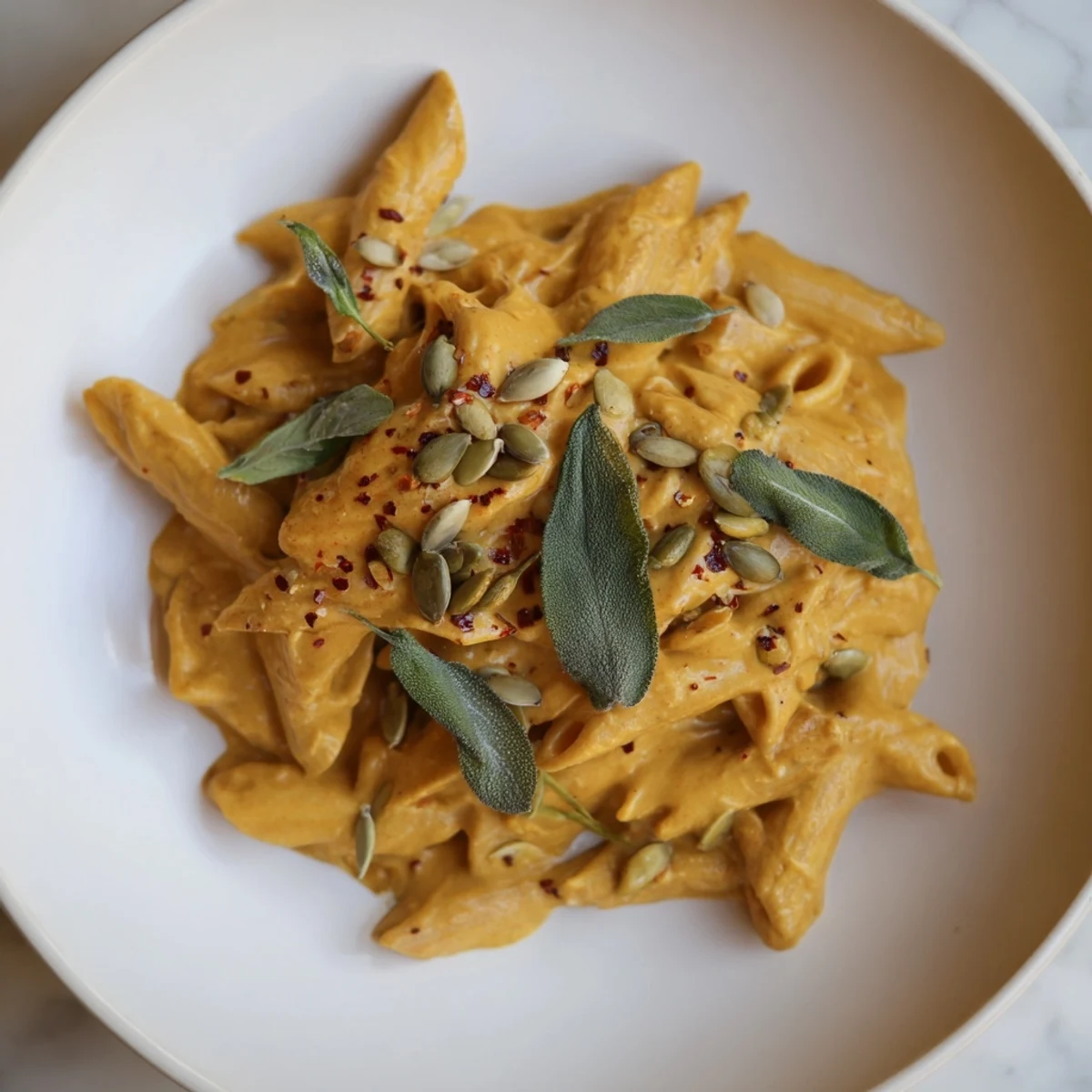Delicious, creamy Vegan Pumpkin Pasta, perfectly coated in a savory, autumn-inspired sauce.