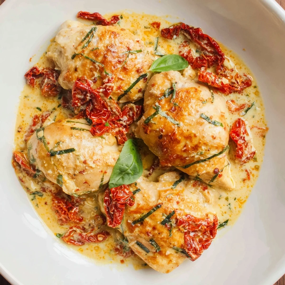 Marry Me Chicken Thighs glistening with rich, creamy sauce and garnished with fresh green herbs.