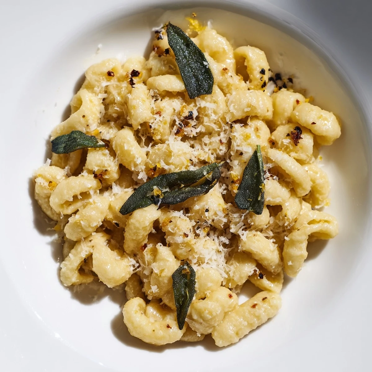 A comforting bowl of Brown Butter & Sage Ditalini with Parmesan, promising savory Italian flavors.