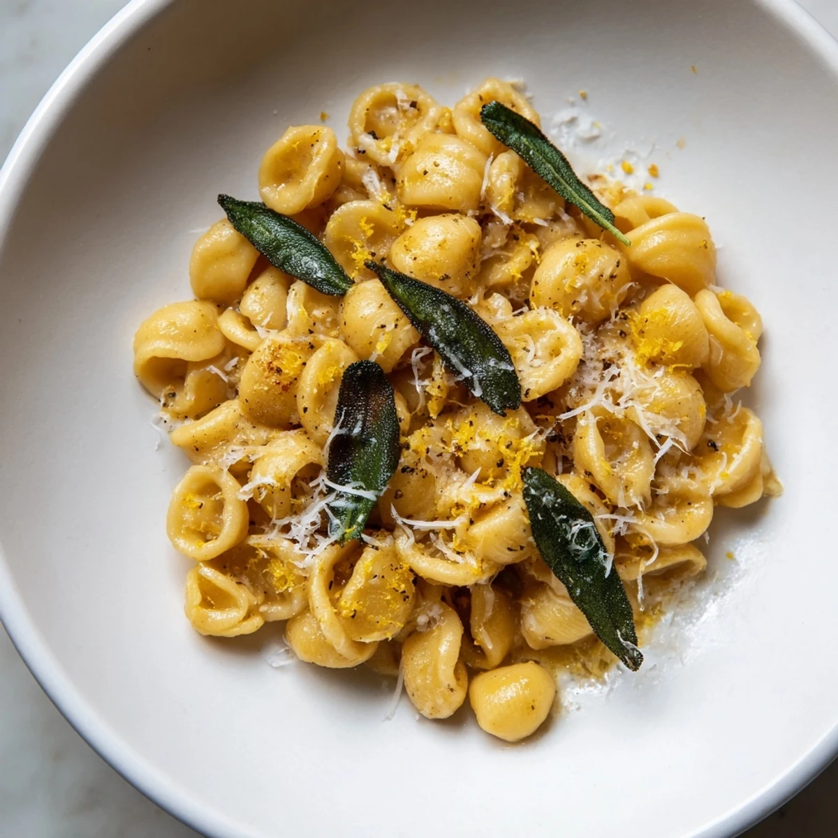 Tender ditalini pasta swimming in rich brown butter, garnished with sage – a delicious Brown Butter & Sage Ditalini.