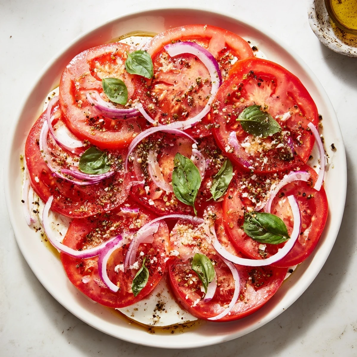 Speedy Feta-Free Tomato Bake with bubbling mozzarella, golden Parmesan, and fresh basil garnish.