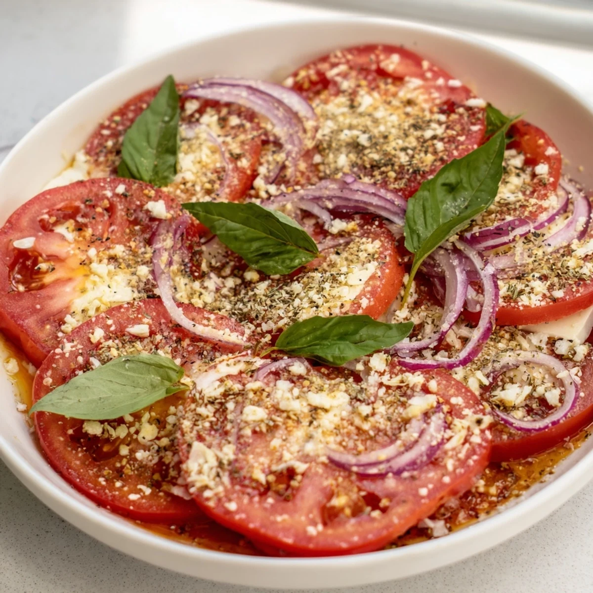 A close-up of the Speedy Feta-Free Tomato Bake, ready to serve, a Mediterranean-inspired delight.