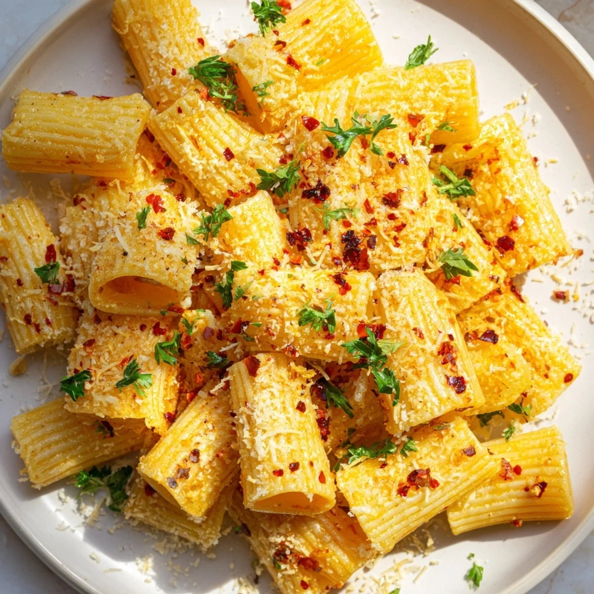 Golden, crispy Spicy Lemon-Parmesan Pasta Chips, with flecks of chili and fresh parsley garnish.