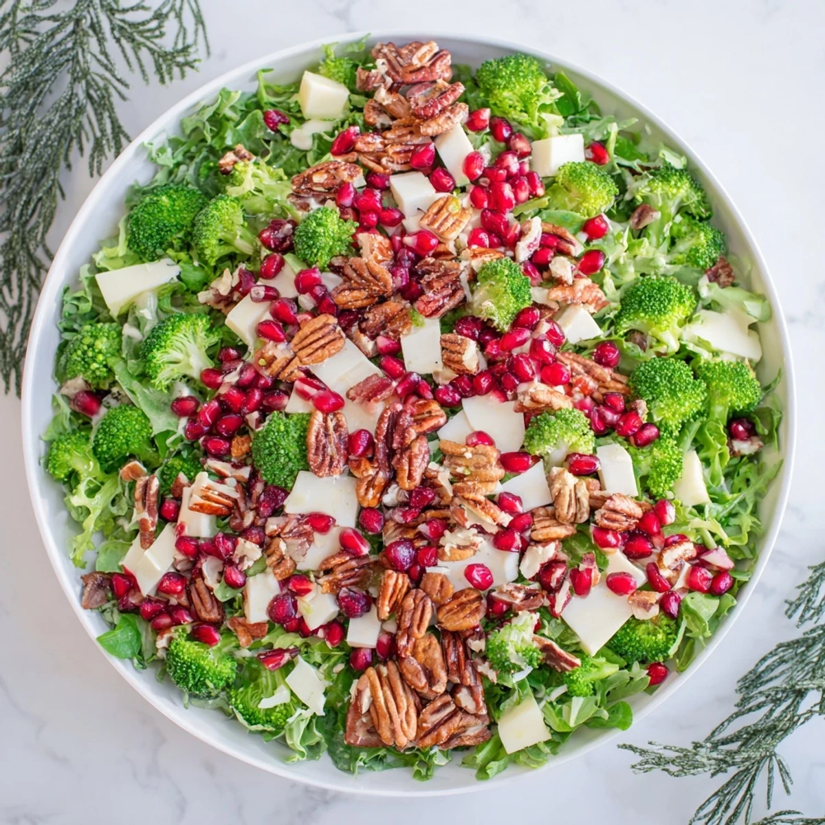 A visually appealing Chopped Christmas Tree Salad showing a festive green salad with jewel-toned pomegranate.