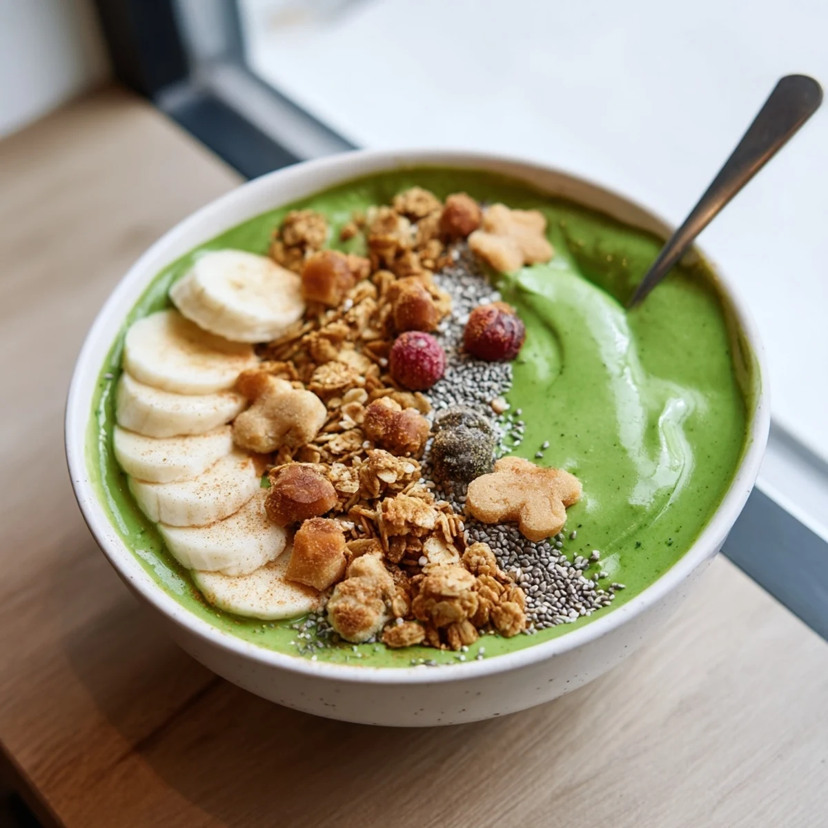 A creamy, vibrant Gingerbread Cookie Matcha Breakfast Smoothie Bowl, swirled with green matcha goodness, ready to eat.