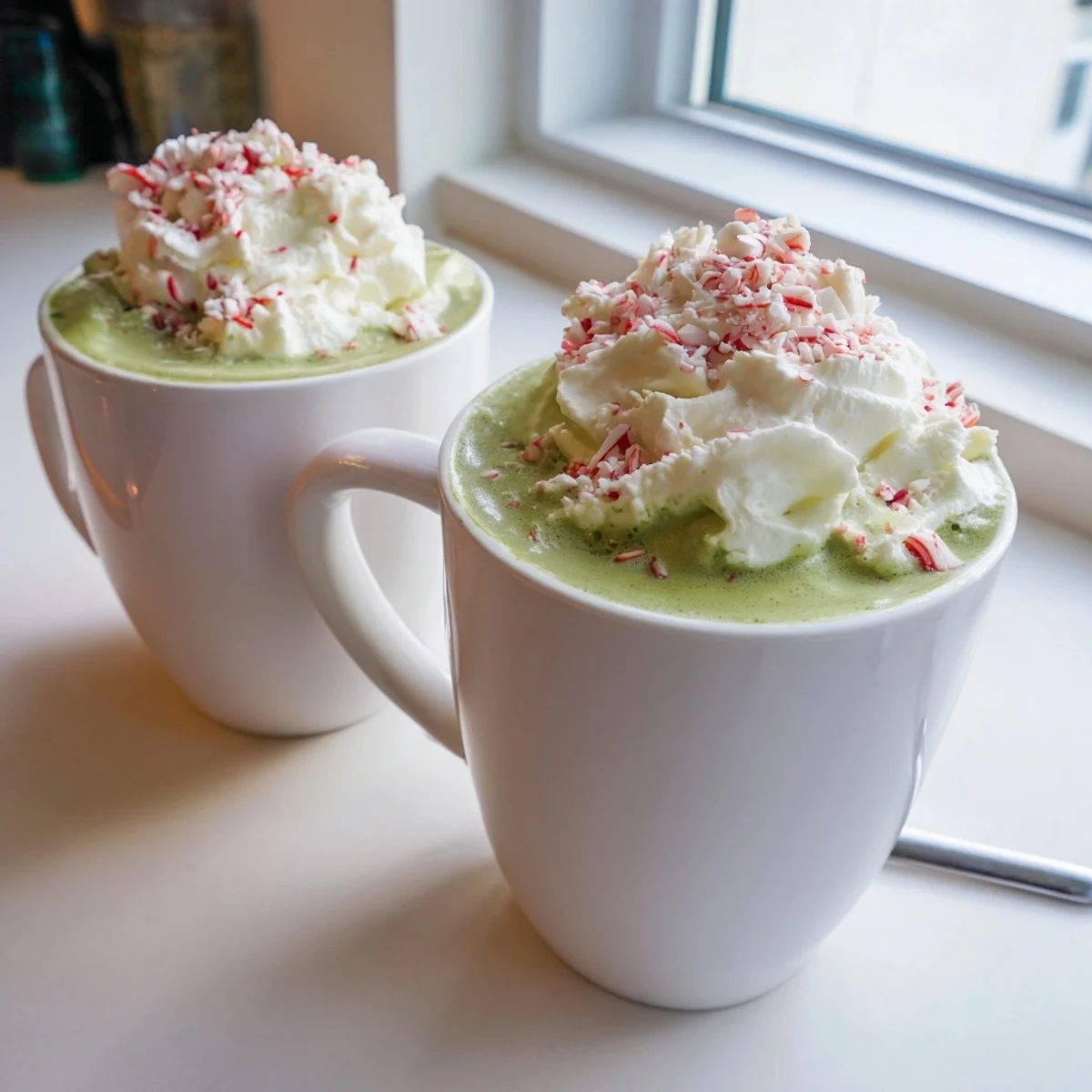 Frothy, layered Cozy Peppermint Matcha Christmas Latte offering a delightful blend of flavors and festive cheer.