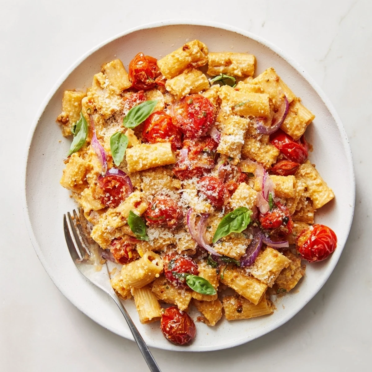 Baked Feta Snowfall Cherry Tomato Christmas Pasta, a vibrant, creamy medley with oven-roasted feta and bright red tomatoes.