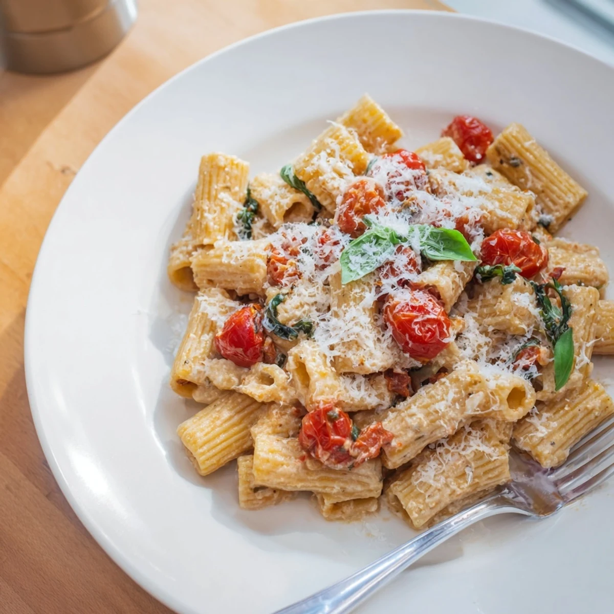 Get cozy with this Baked Feta Snowfall Cherry Tomato Christmas Pasta, bubbly in the baking dish, ready to be tossed.