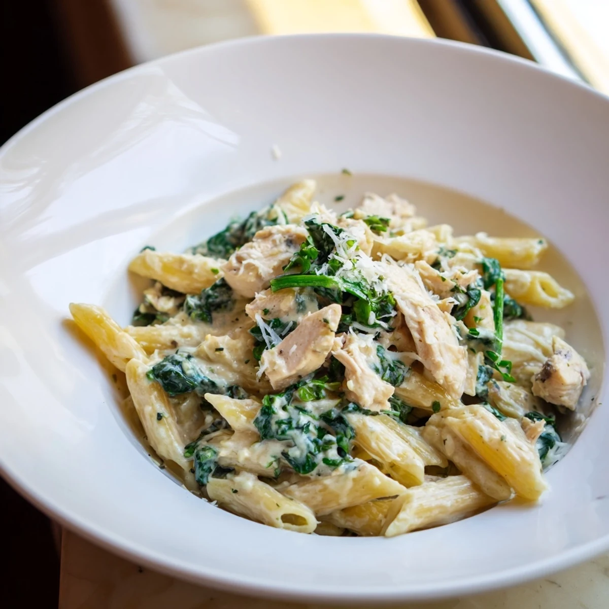 A close-up view of holiday cheer: savory one-pot creamy spinach & turkey Christmas pasta.