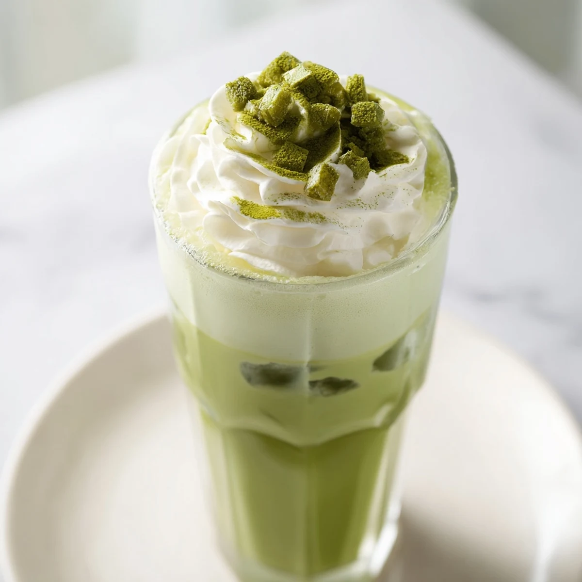 Swirled sugar-free white chocolate and matcha make this beautiful Sugar-Free White Chocolate Candy Cane Iced Matcha.