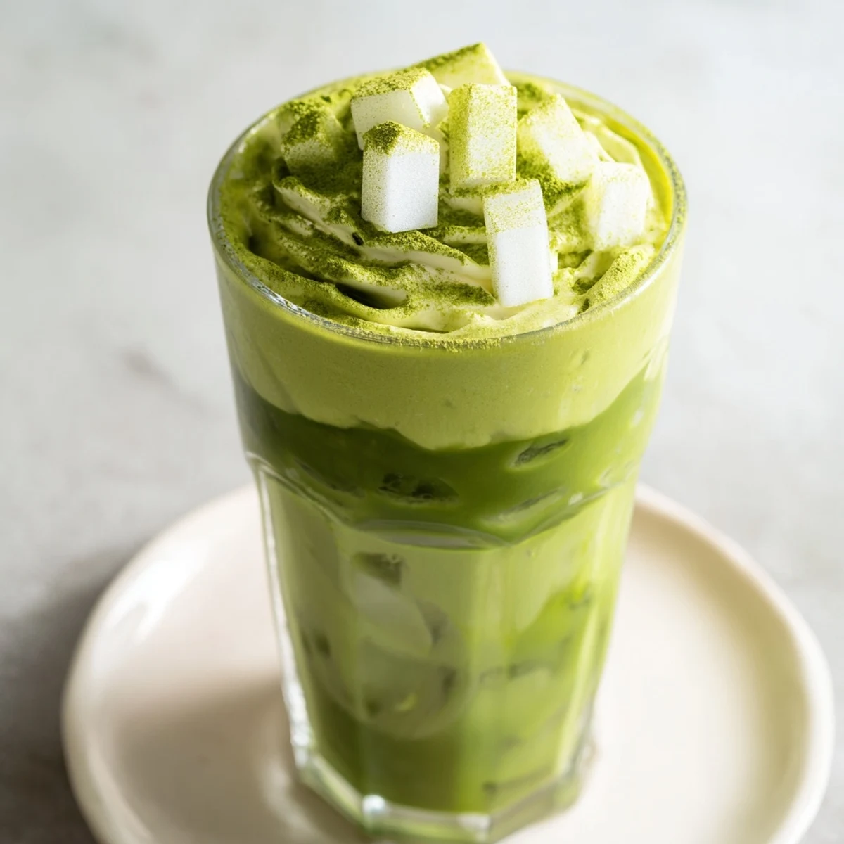 Enjoy a refreshing glass of festive Sugar-Free White Chocolate Candy Cane Iced Matcha, perfect for the holidays!