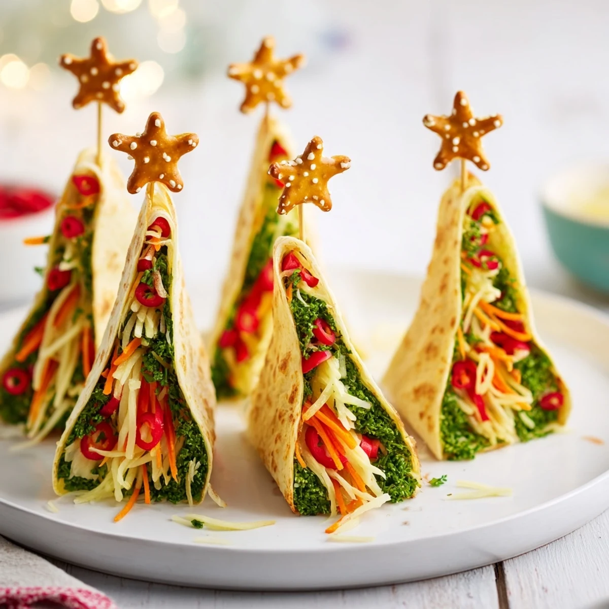 Golden brown Air Fryer Christmas Tree Veggie Tortilla Wraps ready to serve with a creamy dipping sauce.