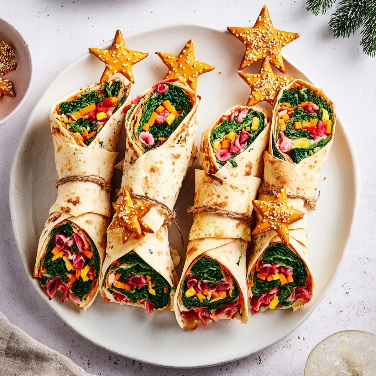 Crispy Air Fryer Christmas Tree Veggie Tortilla Wraps, with pretzel trunks, offer a fun and healthy snack option.