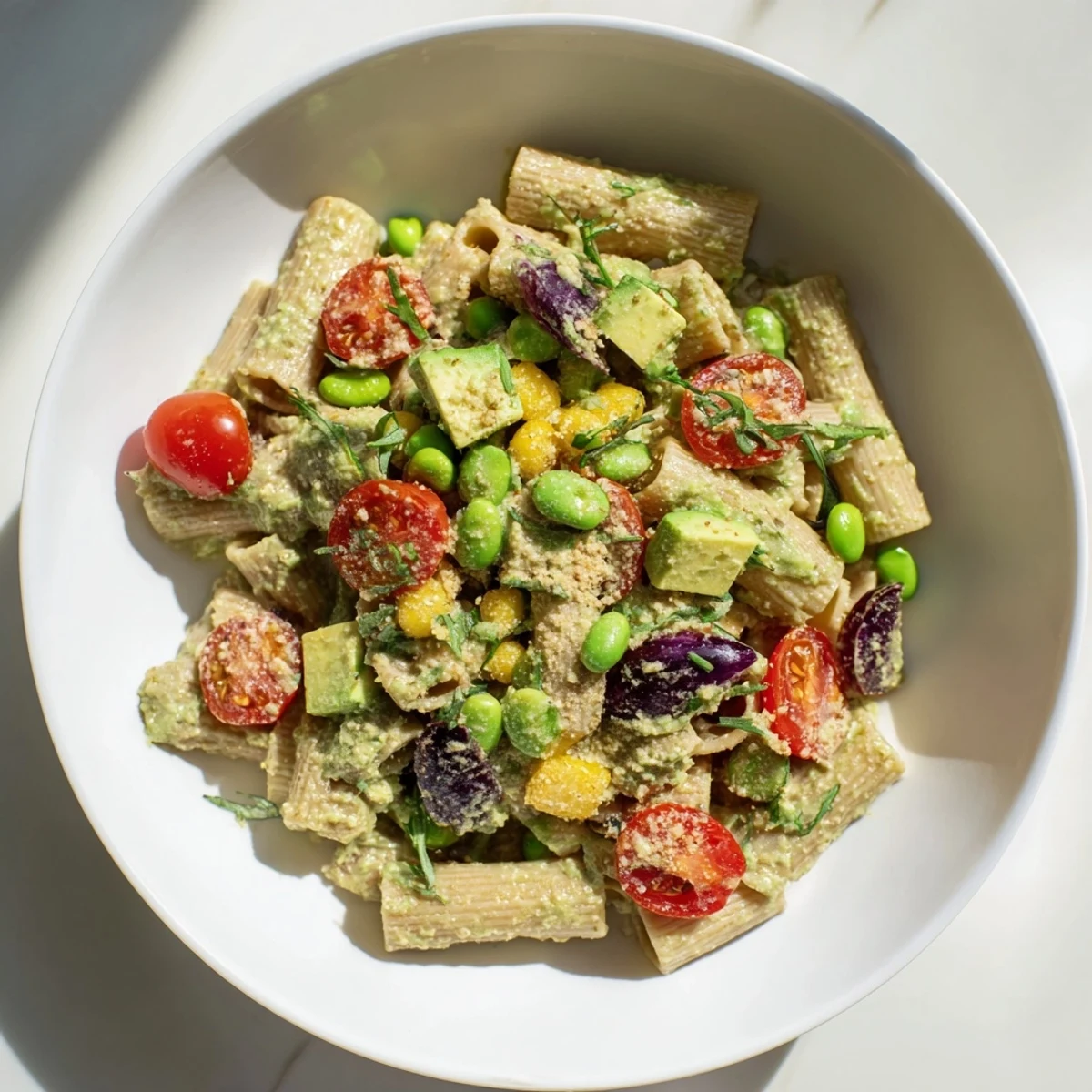 Bright green Holiday Glow Green Goddess Protein Pasta Salad, showcasing fresh herbs and a tangy dressing.
