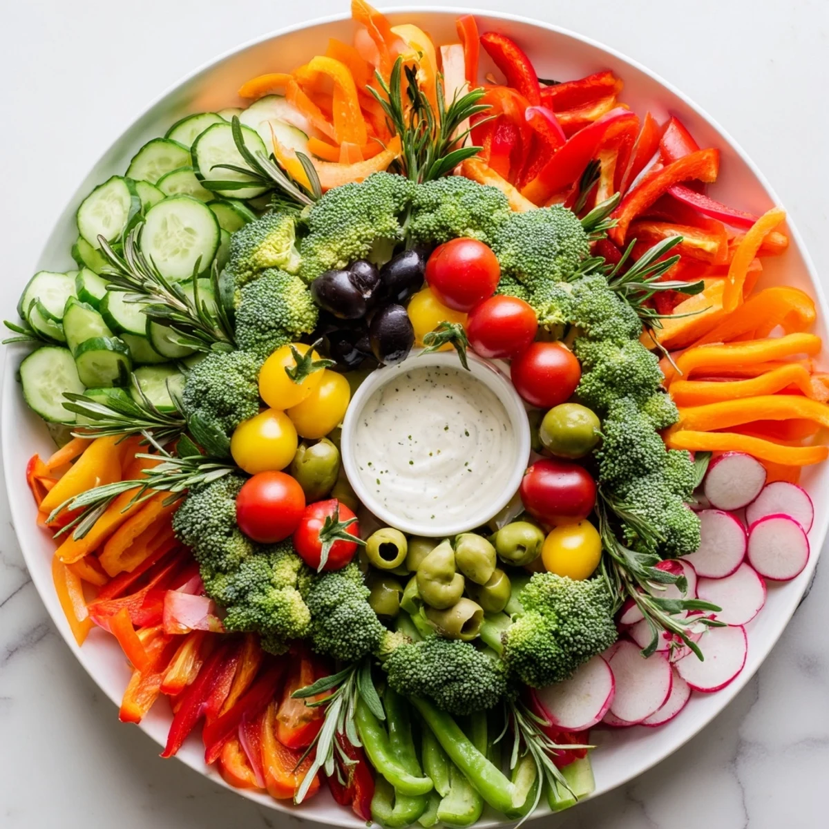 A vibrant wreath veggie dip platter: fresh carrots, tomatoes, and broccoli surrounding creamy ranch dip.