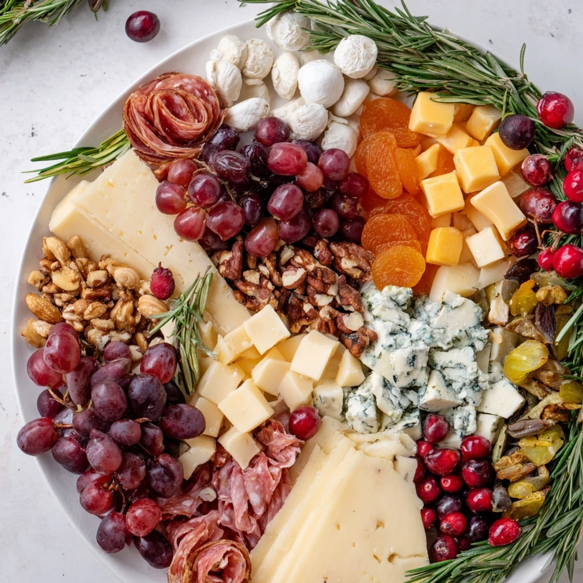 Holiday Wreath Cheese Platter, a delightful arrangement overflowing with colorful cheeses, meats, and fresh fruits.
