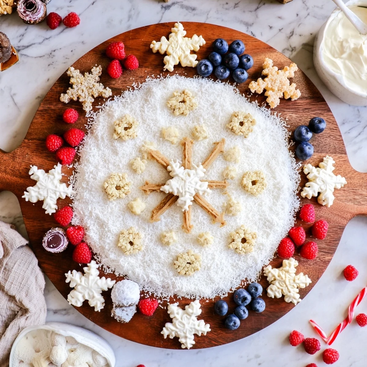 A beautiful photo of the Snowflake Dessert Board, a festive spread with cookies, chocolates, and berries.