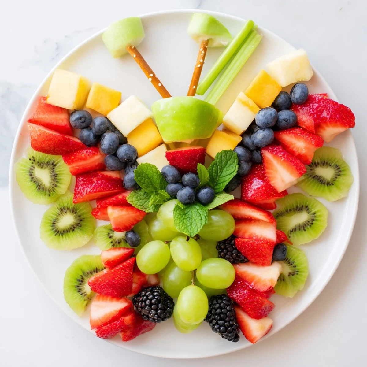 Colorful Butterfly Fruit Tray with strawberries, blueberries, and grapes, perfect for a healthy snack.