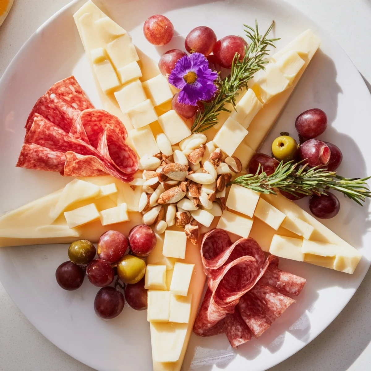 A vibrant star-shaped appetizer board overflowing with cheeses, meats, fruit, and the star of the show.