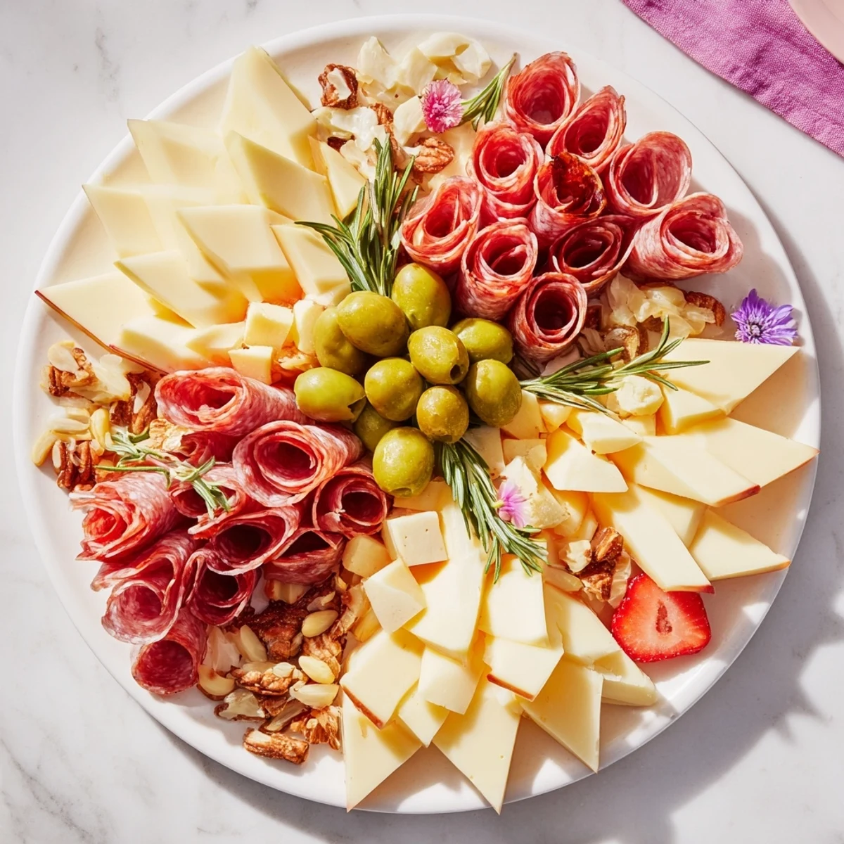Enjoy a colorful star-shaped appetizer board, overflowing with savory meats, fresh fruit, and crunchy nuts.