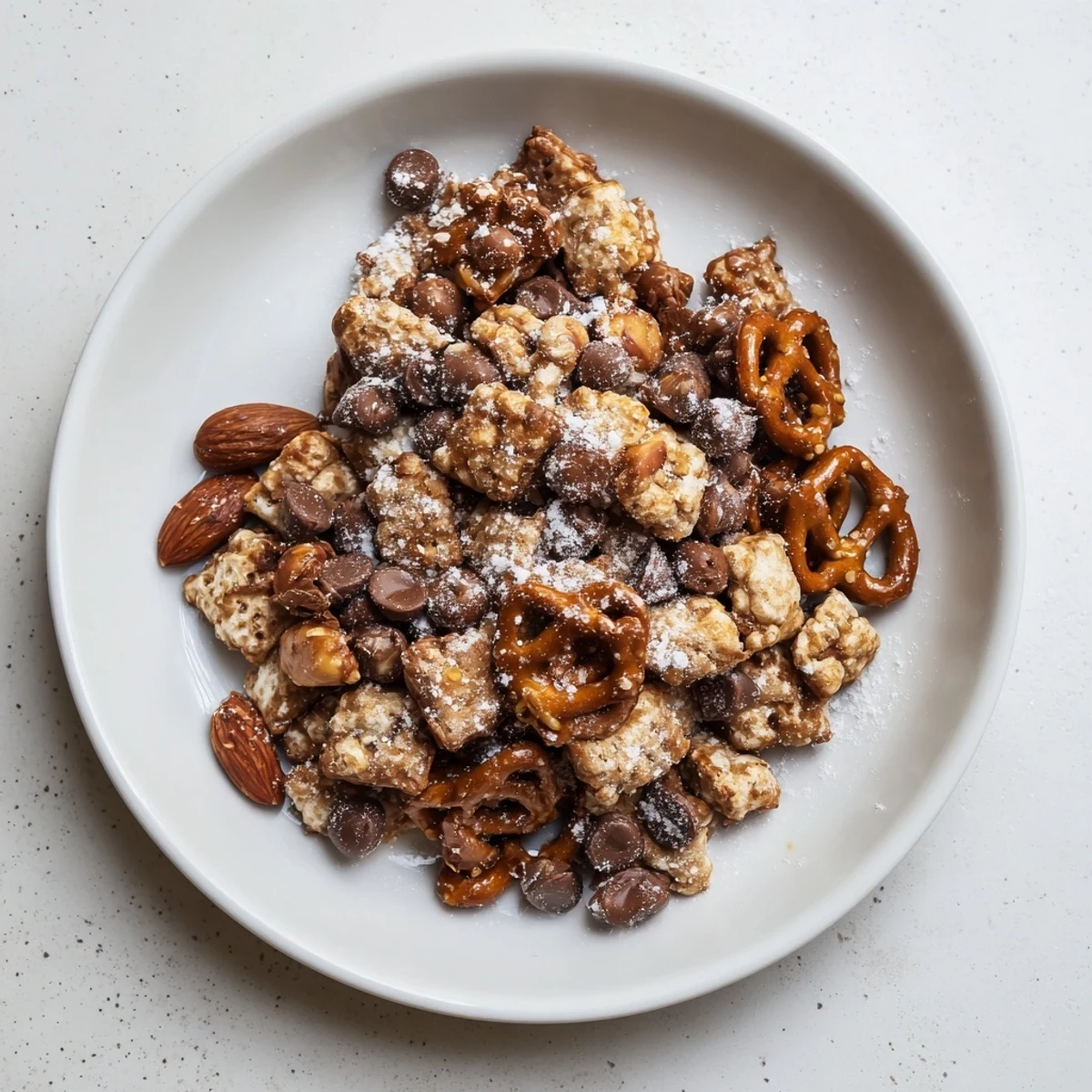 Image will showcase the finished "Festive Pine Cone Snack Mix", providing a visual description for people with visual impairments or using a screen reader.