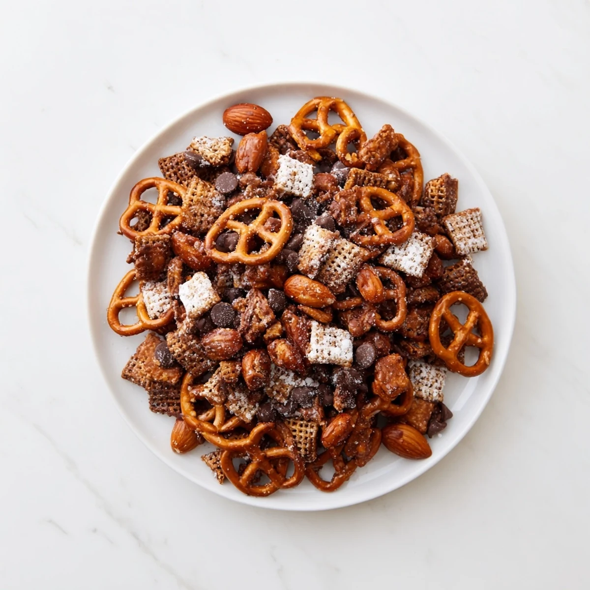 Sweet and salty Festive Pine Cone Snack Mix, a holiday treat with powdered sugar and chocolate chips.
