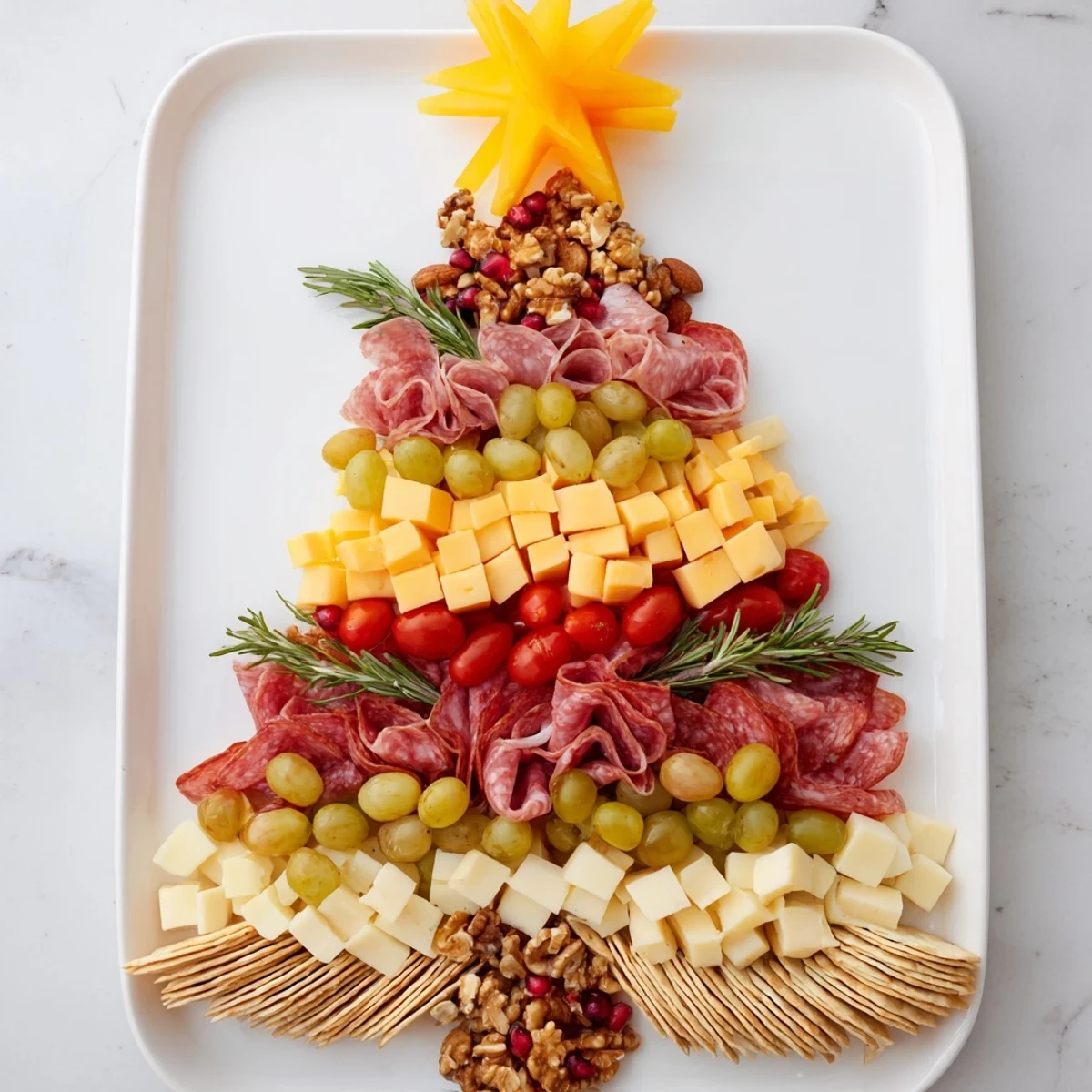 A gorgeous Christmas Tree Charcuterie Dream, showcasing sliced salami, fresh fruit, and creamy brie arrangements.