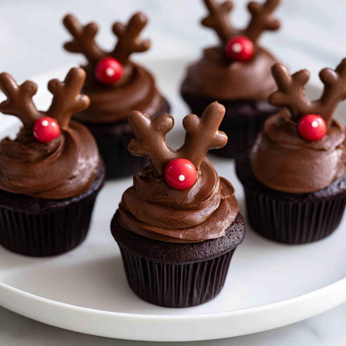 Delicious Reindeer Holiday Dessert Platter features cupcakes with gingerbread antlers and candy eyes.