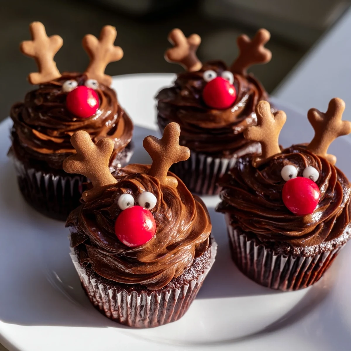 Festive Reindeer Holiday Dessert Platter with chocolate reindeer cupcakes and spiced cranberry mousse.