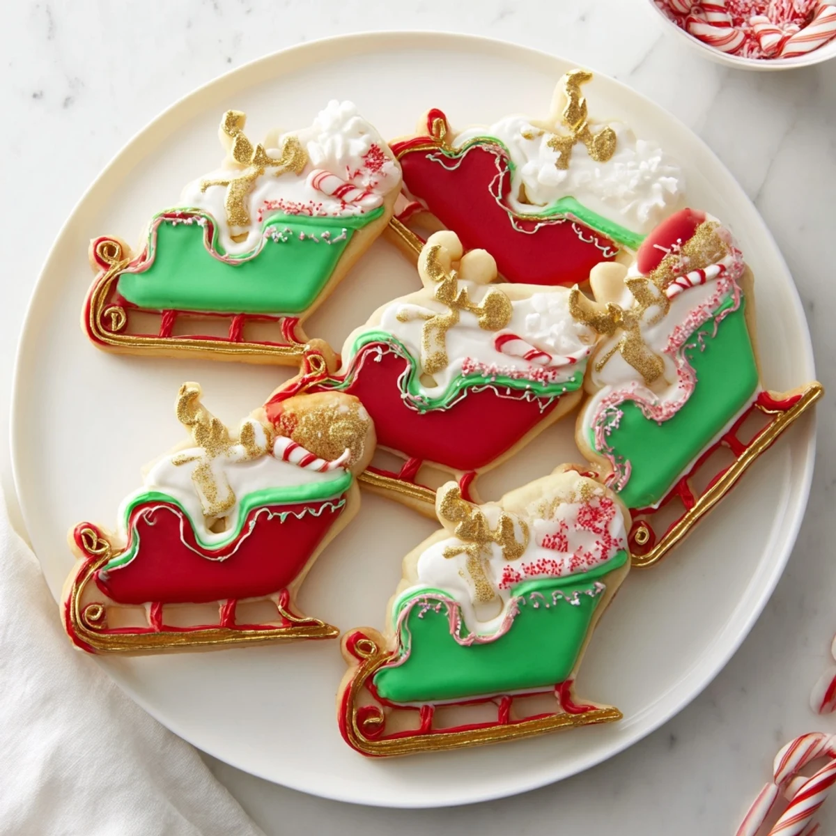 Close-up of freshly iced Santa's Sleigh cookies, sparkling and ready for a holiday dessert table.