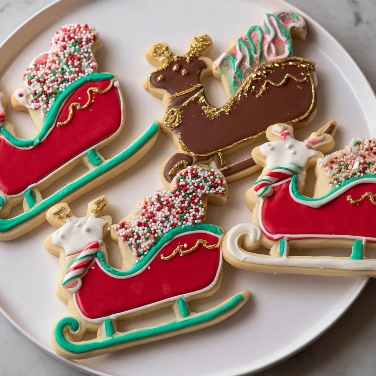 Artistically decorated Santa's Sleigh cookies, a whimsical American dessert perfect for Christmas.