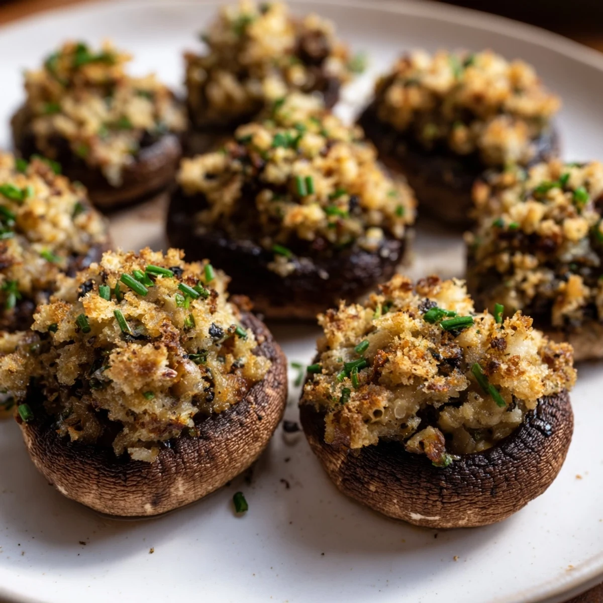 Golden-brown Enchanted Forest Mushroom Nibbles, savory herbs and cheese filling roasted to perfection.