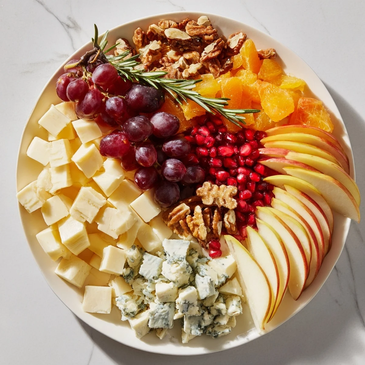 A beautifully arranged Winter Wonderland Snack Board brimming with cheeses, fruits, and sweet treats.