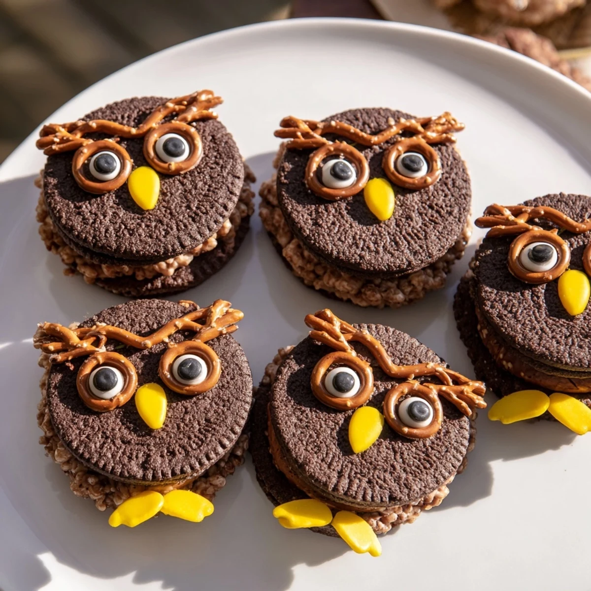 A close-up of a festive Hoot Hoot Owl-Themed Treat Tray showcasing adorable edible owl creations and chocolate bark.