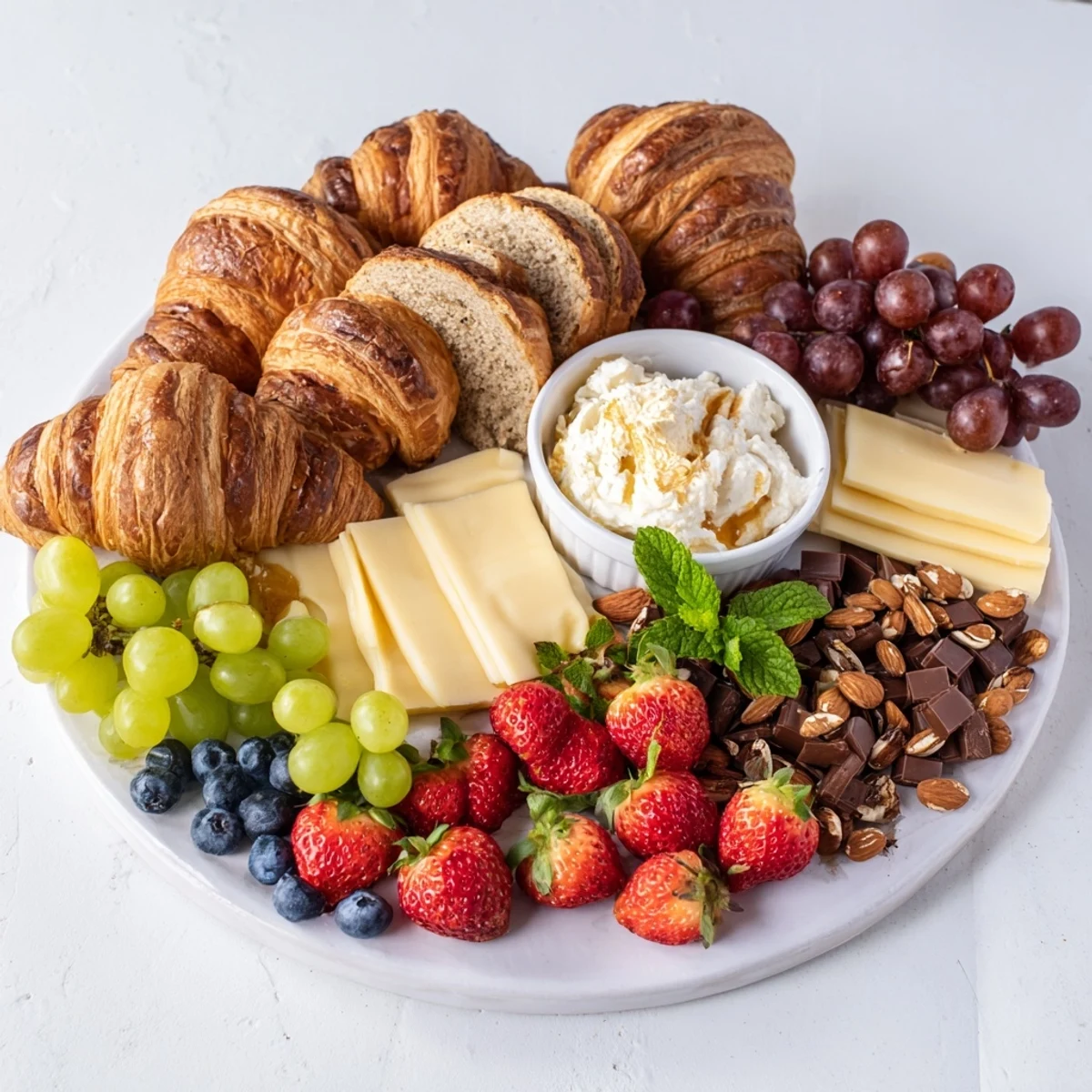 Gift Box Brunch Board overflowing with croissants, cheeses, and berries, ready to enjoy.