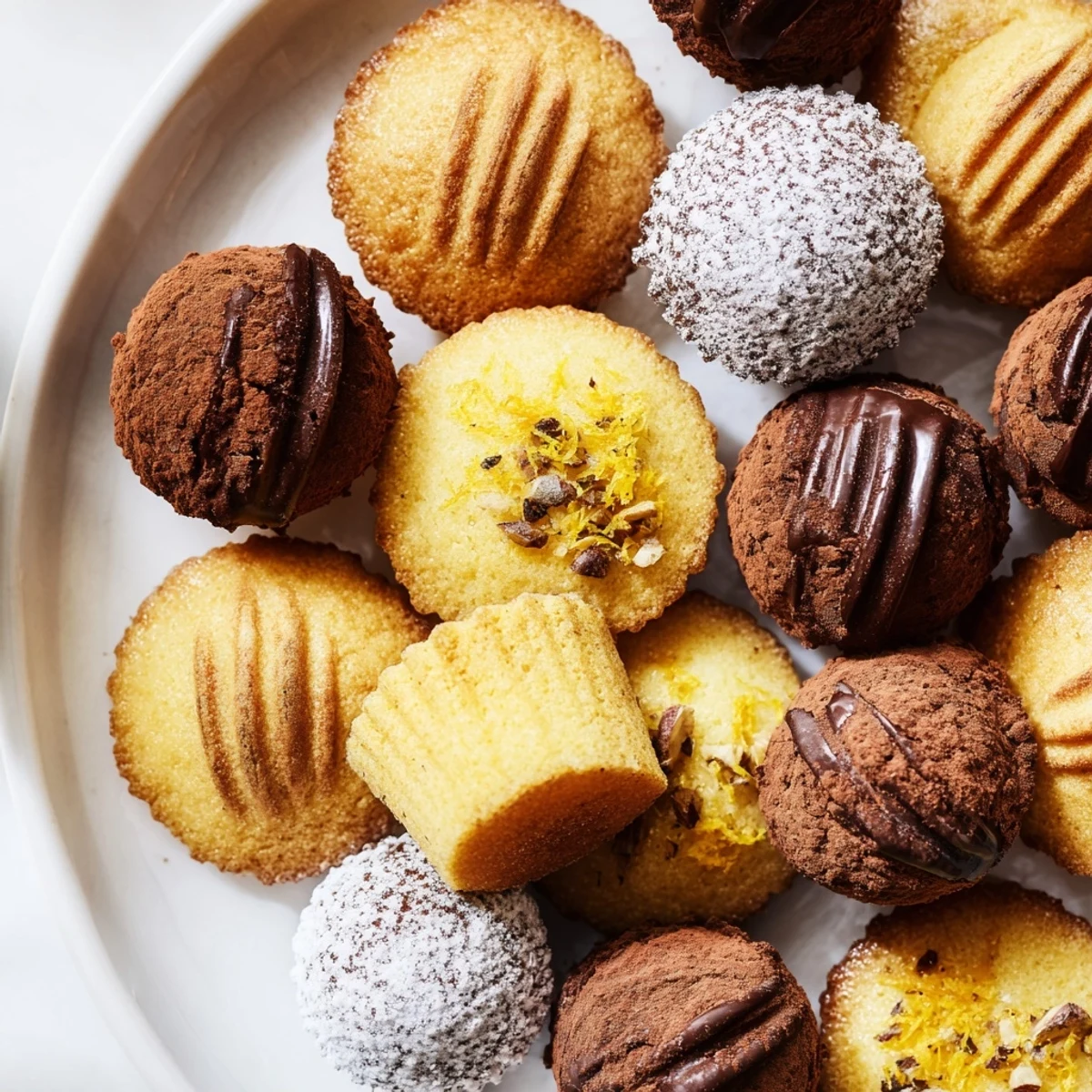 Golden-brown Almond Financiers, rich Chocolate Truffles, and zesty Lemon Madeleines: Mignardises Bonne Année 2026.